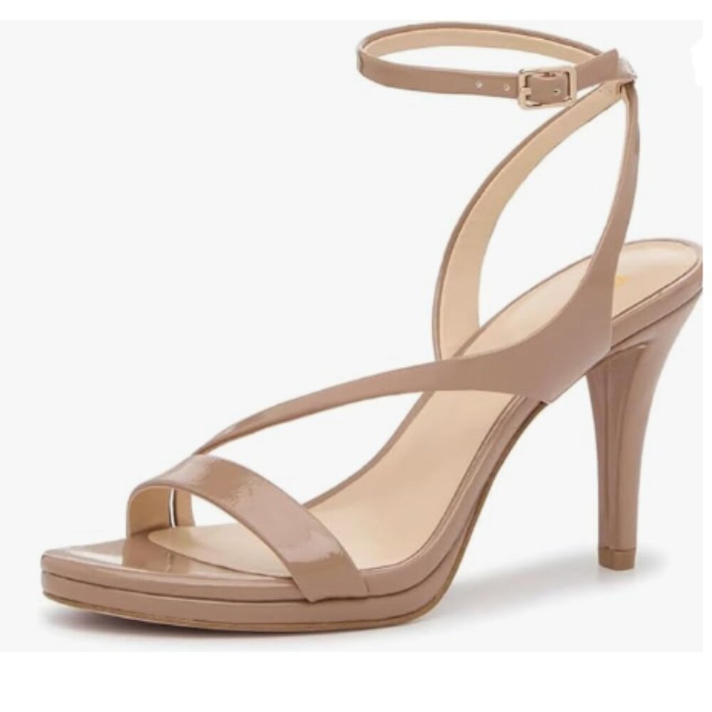 Wansseny Nude Open Toe Strappy Buckled Crossed Ankle Strap High Heels Sandals